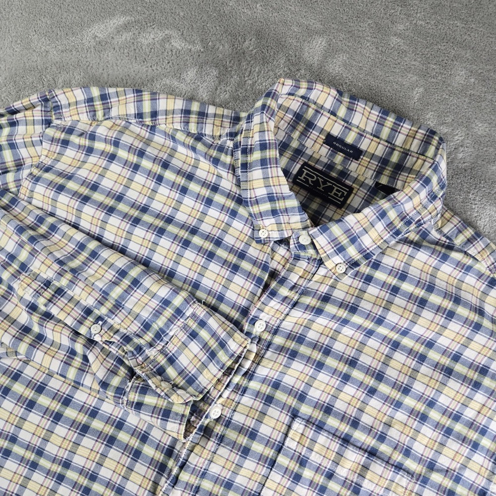 Hawker RYE Shirt Mens 3XL Tall White Blue Yellow Plaid‎ Regular Fit Long Sleeve